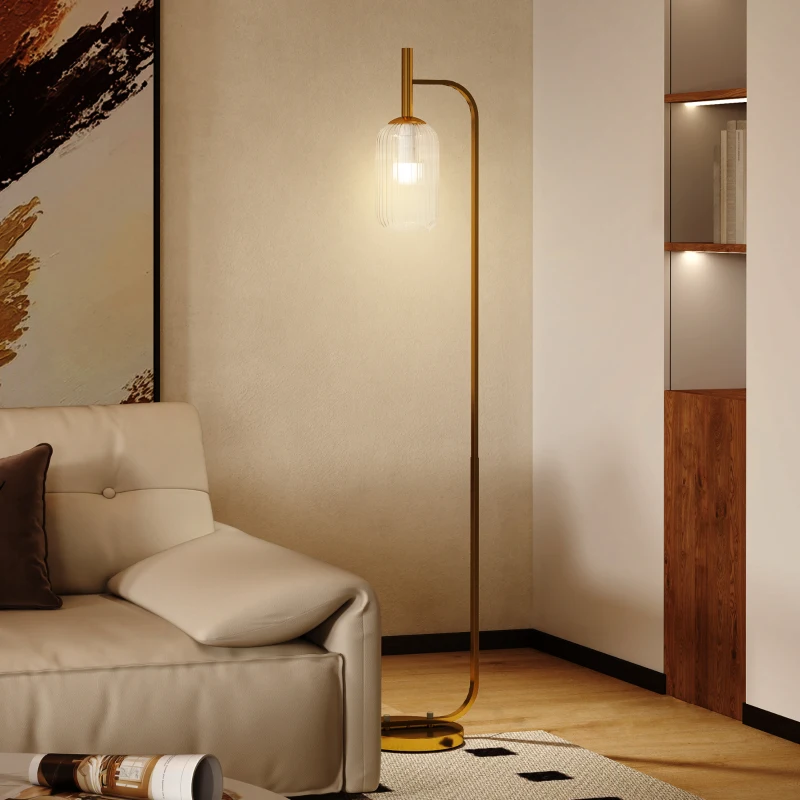 HOMCOM LED Floor Lamp for Living Room with Glass Lampshade, Modern Standing Lamp with Foot Switch, Adjustable Brightness, 2700K for Bedroom, Gold Tone