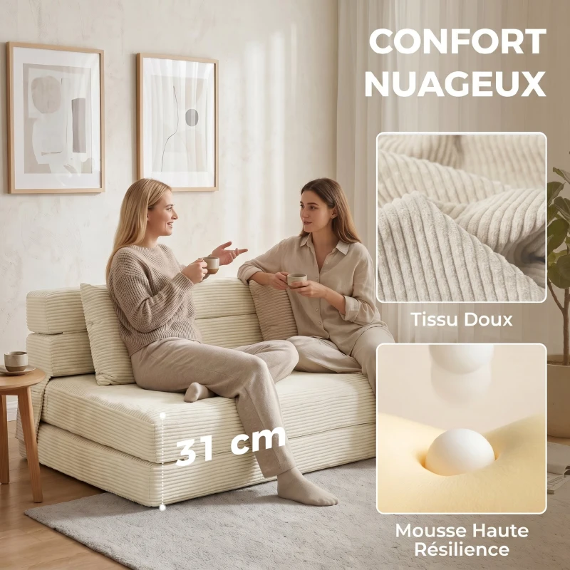 HOMCOM Canapé-Lit Pliant 2 en 1, Chauffeuse 2 Places Convertible en Velours Côtelé, Oreiller, Poches Latérales, Crème