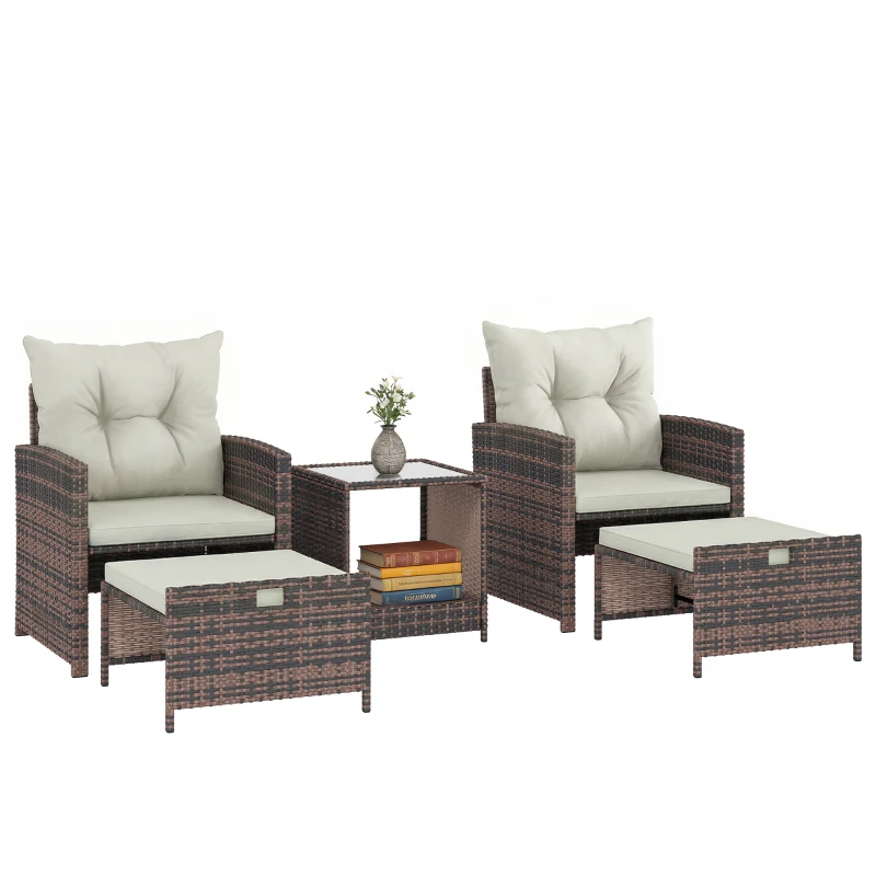 Outsunny Rattan Tuinmeubelset 5-delig Balkonmeubelset met 2 Stoelen, Kussens, Voetenbankjes, Tafel, Opbergruimte Crème