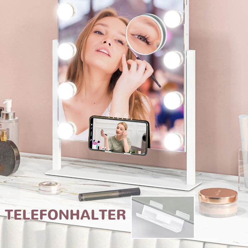 HOMCOM Led-cosmeticaspiegel, 3 lichtmodi, dimbaar, touchbediening, USB, 36,5 x 45,5 cm, wit