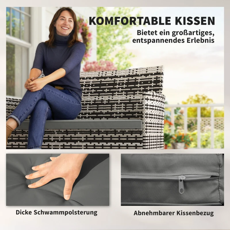 Outsunny 2-zits Rattan Tuinbank PE-Rattan Outdoor Terrasbank met Kussen, Anti-slip Matten, Stalen Frame, Lichtgrijs