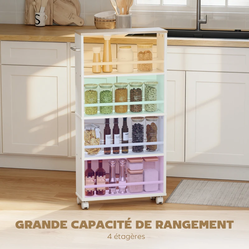 HOMCOM Chariot de rangement à 4 niveaux, desserte à roulettes avec poignées, desserte étroite, 45 x 15 x 91 cm, blanc
