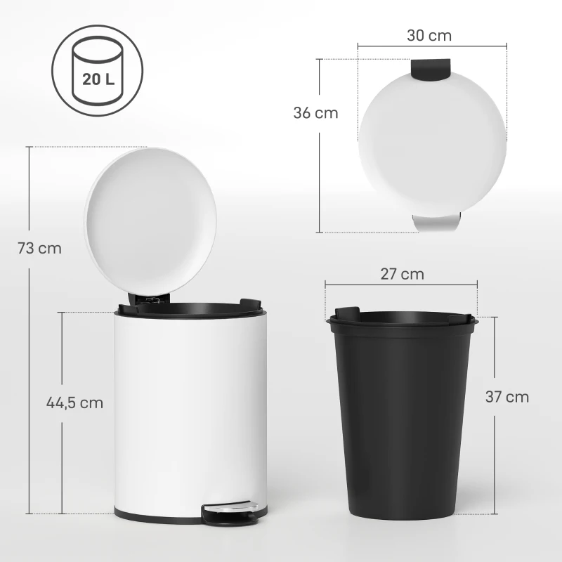 HOMCOM Prullenbak 20L, met Pedal, Binnenemmer, vingerafdrukvrij, Stil Sluiten, Crèmewit