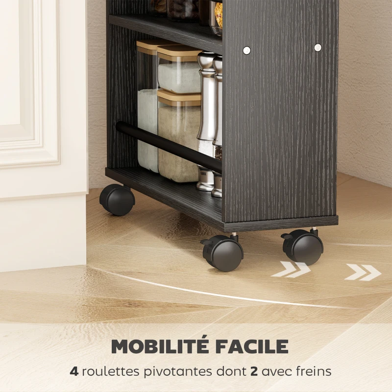HOMCOM Chariot de rangement à 4 niveaux, desserte à roulettes avec poignées, desserte étroite, 45 x 15 x 91 cm, noir