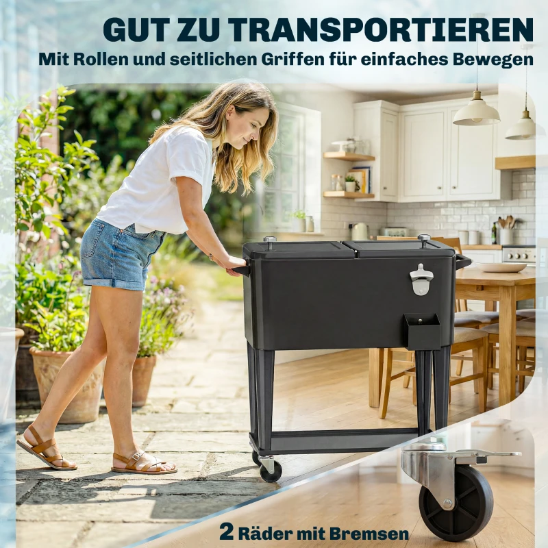 Outsunny Koelwagen met opbergruimte, afvoer, wielen en zwart design