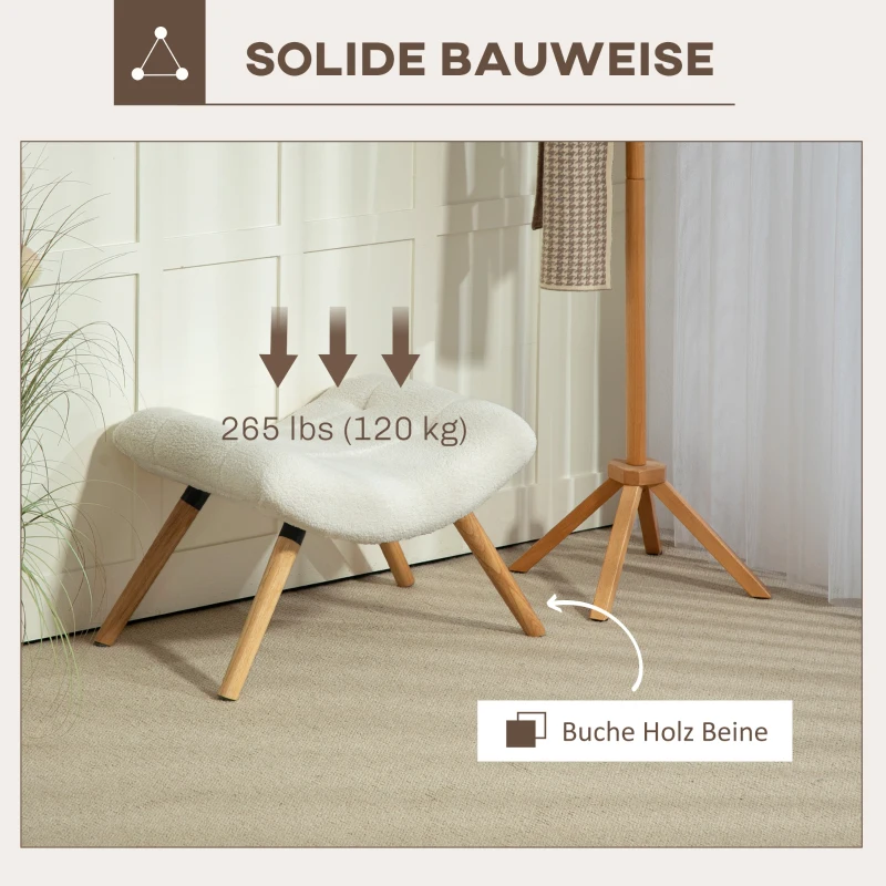 HOMCOM Moderne Voetenbank met Fleecebekleding en Houten Poten, Gestoffeerd, voor Woonkamer, Slaapkamer, Hal, Crèmewit