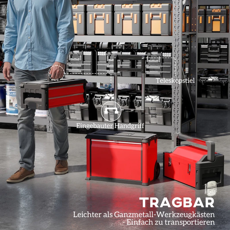 HOMCOM 3-traps Gereedschapskist Set met Wielen, In elkaar Grijpend, Staal, Plastic