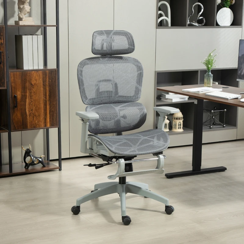 HOMCOM Fauteuil de bureau, chaise de bureau ergonomique en maille avec accoudoirs 3D, dossier inclinable, 66x64x122 cm, gris