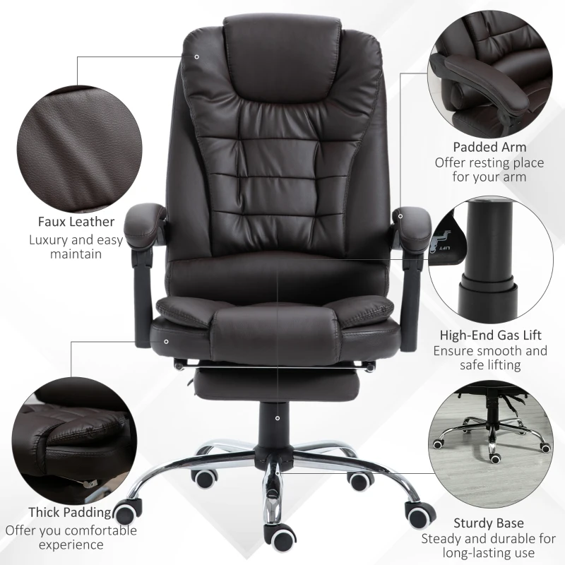 HOMCOM Executive Office Chair with Footrest, Ergonomic PU Leather Desk Chair with High Back, 145° Reclining, Thick Padded, Swivel Wheels for Home, Brown