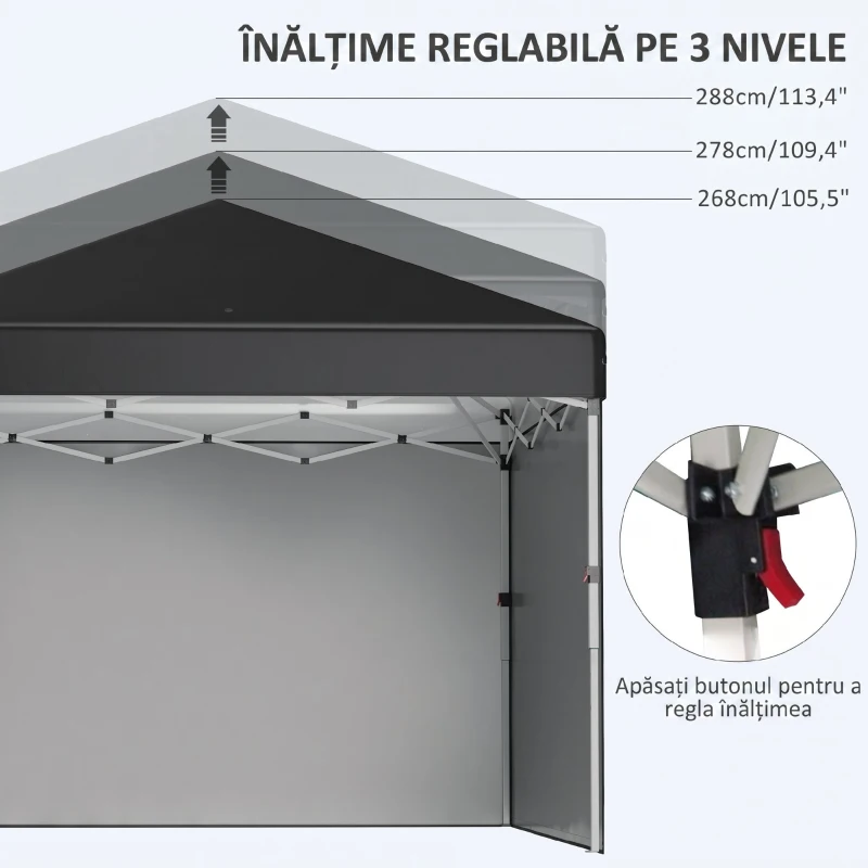 Outsunny Pavilion de Grădină Pliabil cu Înălțime Ajustabilă, 2 Pereți și Geantă Inclusă, 297x297x288 cm, Negru
