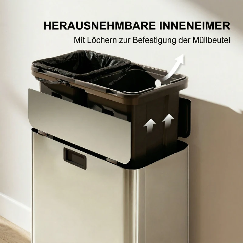HOMCOM Dubbele keukenafvalbak 2 x 28L roestvrijstalen pedaalemmer met soft-close deksel, uitneembare binnenemmers