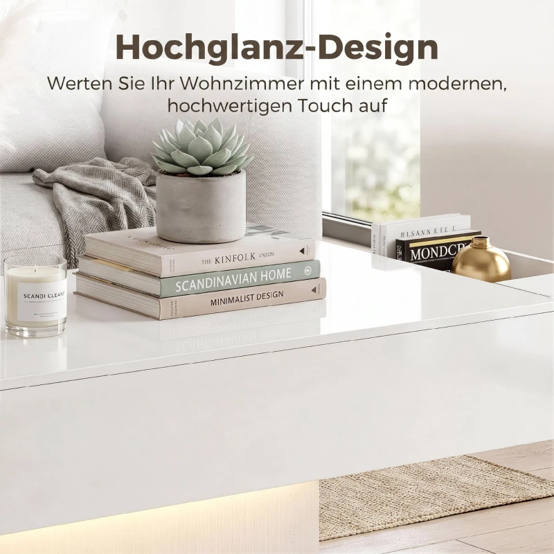 HOMCOM LED Salontafel met opbergruimte, hoogglans, modern, 2 lades & afstandsbediening, wit