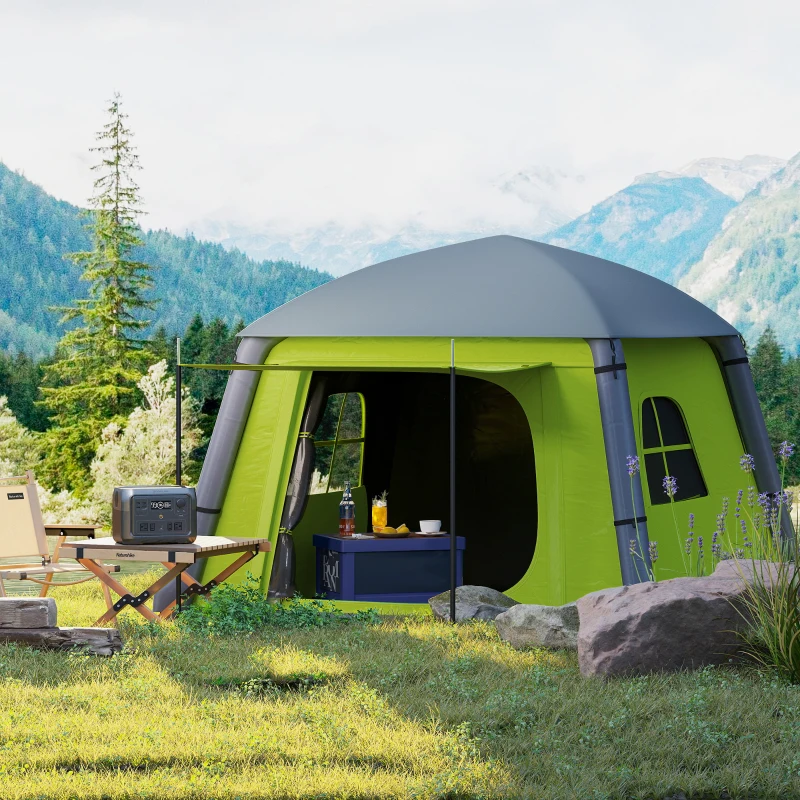 Outsunny Inflatable Camping Tent w/ Hand Pump, Easy Setup 1/2 Person Blow Up Tent Waterproof 190T Taffeta w/ Mesh Windows, Doors and Carry Bag, Green