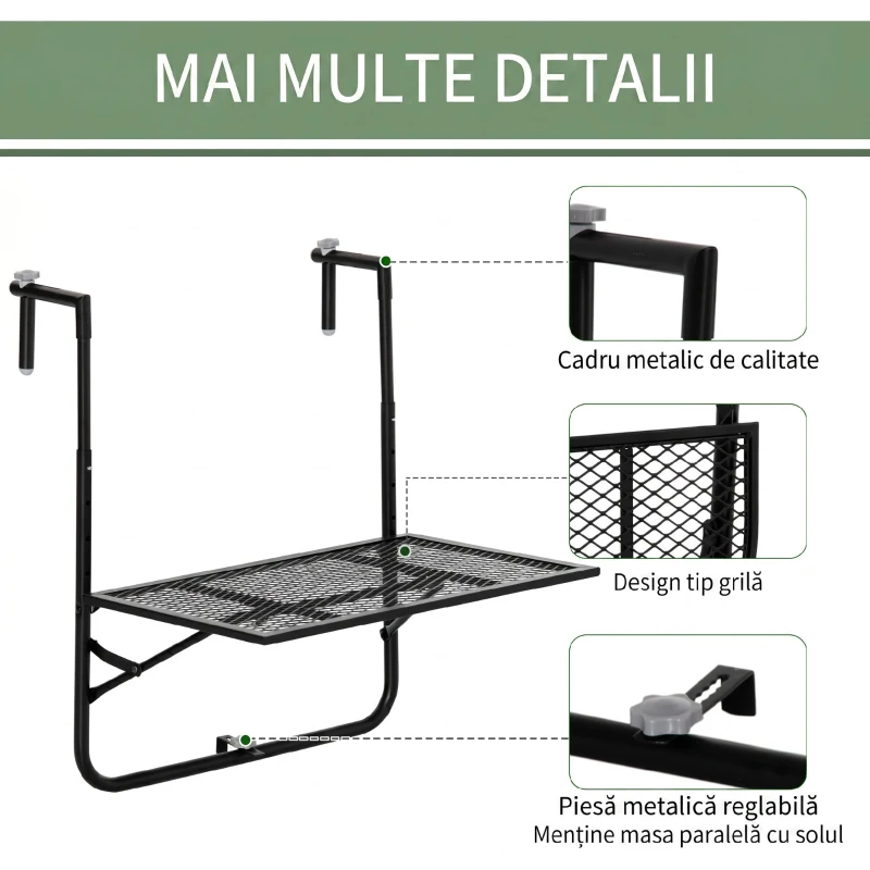 Outsunny Masa de Balustrada Pliabila din Metal, 60x60x57-72cm, Negru