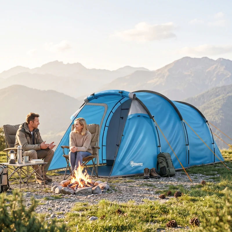 Outsunny Campingzelt, Wurfzelt für 2-3 Personen, Vorraum & Schlafbereich, wasserdicht, 426 x 206 x 154 cm, Hellblau