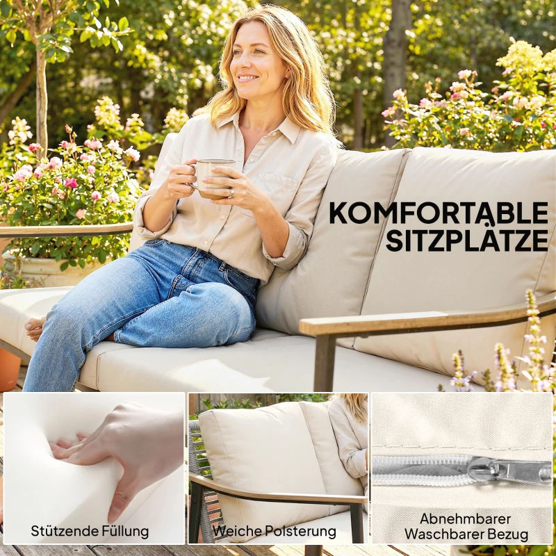 Outsunny Driezits Tuinbank Rotan Loungesofa met Afneembare Kussens Houtlook-Armleuningen Stalen Frame Khaki