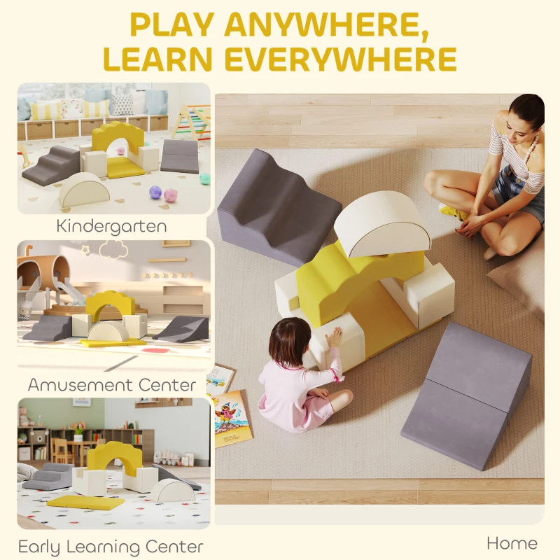 AIYAPLAY 7 Piece Kids Soft Play Set with Detachable Cover, Baby Indoor Climb and Crawl Foam Toy for Toddlers, Yellow
