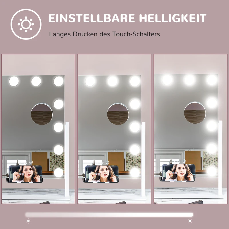 HOMCOM Led-cosmeticaspiegel, 3 lichtmodi, dimbaar, touchbediening, USB, 36,5 x 45,5 cm, wit