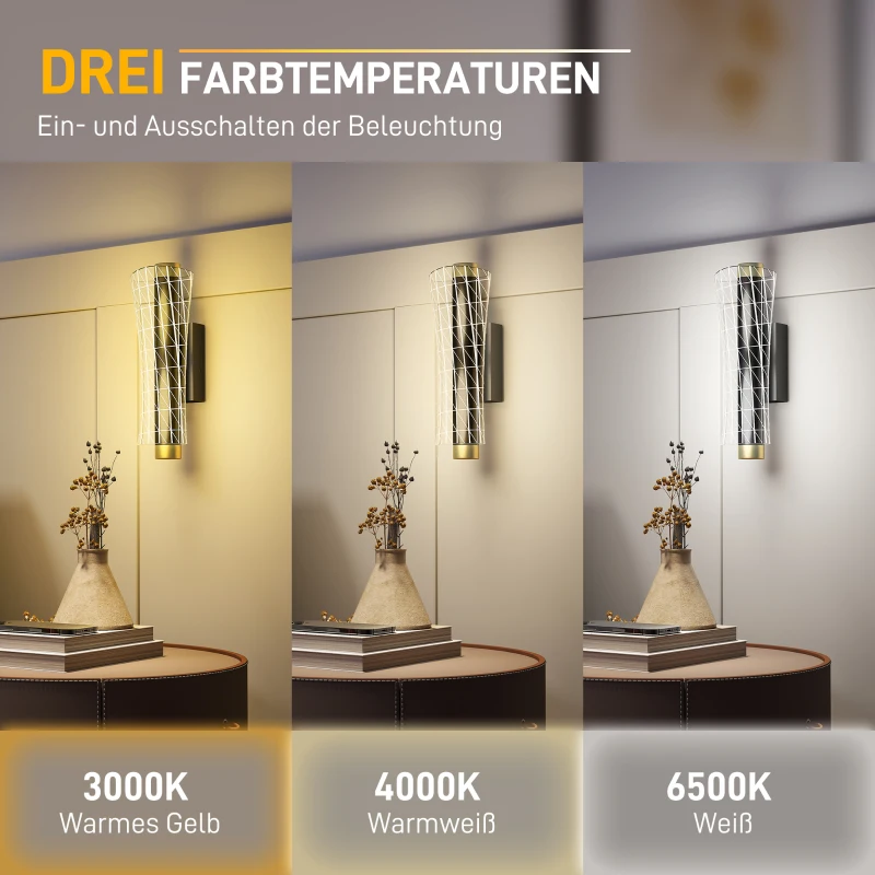 HOMCOM LED wandlamp voor binnen, geometrisch rasterdesign, dimbaar, nachtkastlamp, metaal, zwart