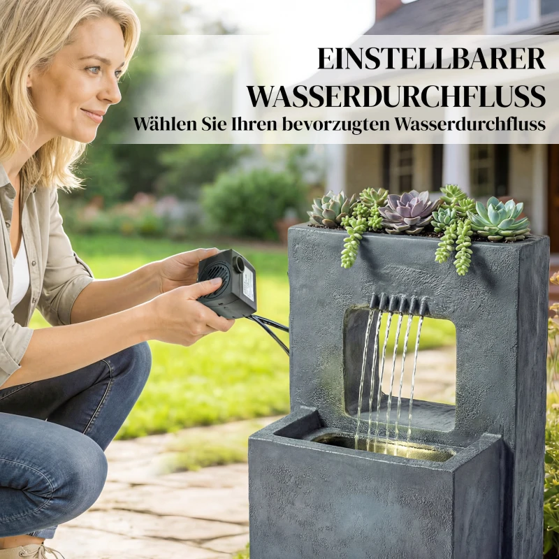 Outsunny Fontein 2-staps Tuinfontein met LED Verlichting Plantenbak Pomp Steenlook, Verstelbaar 45 x 31,5 x 58,5 cm
