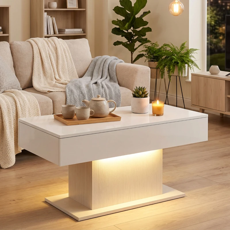 HOMCOM LED Salontafel met opbergruimte, hoogglans, modern, 2 lades & afstandsbediening, wit