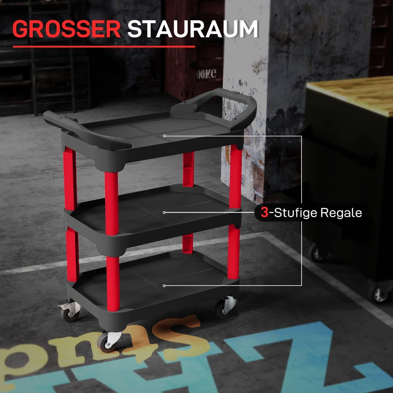 HOMCOM Gereedschapswagen met 3 Niveaus, Zijhandvatten, Wielen, Kunststof, Zwart
