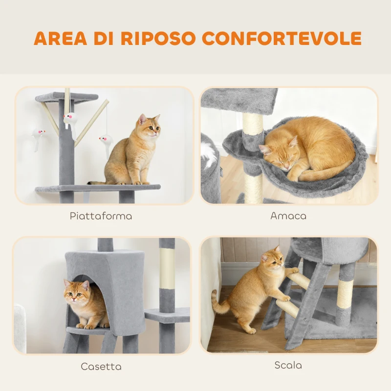 PawHut Torre per Gatti con Casetta, Trespolo, Piattaforme e 4 Topolini, in Legno, Peluche e Sisal, 60x35x134 cm, Grigio