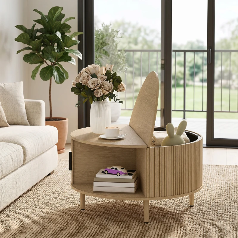 HOMCOM Tavolino Rotondo 80 cm con Piano Ribaltabile e Contenitore Nascosto, Legno Naturale