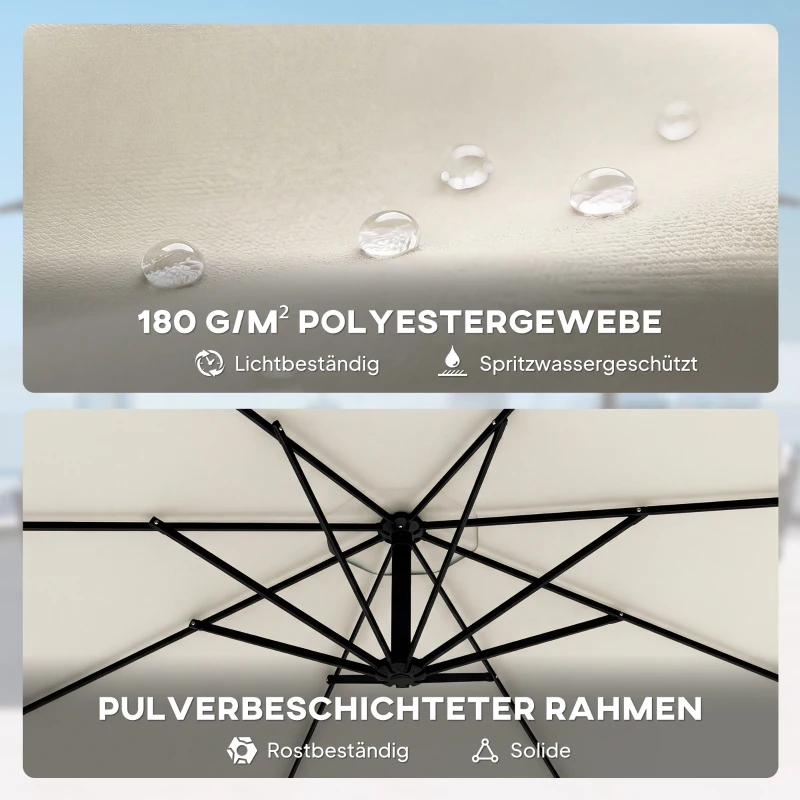 Outsunny Zweefparasol Ø300 cm Kantelbaar Parasol met Draaimechanisme Kruisvoet Windkoorden Beschermhoes Crème