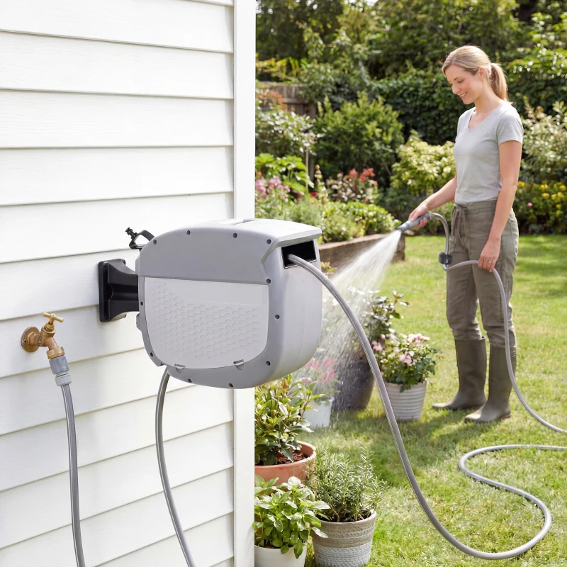 Outsunny Slanghaspel met tuinslang 20 m, 180° draaibare slangbox met automatische oprolfunctie en zelfvergrendeling