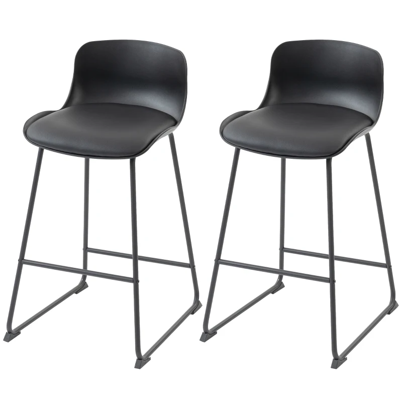 HOMCOM Modern Bar Stools Set of 2, PU Leather Barstools, Counter Height Kitchen Chairs for Breakfast Bars, Dining Room, Black