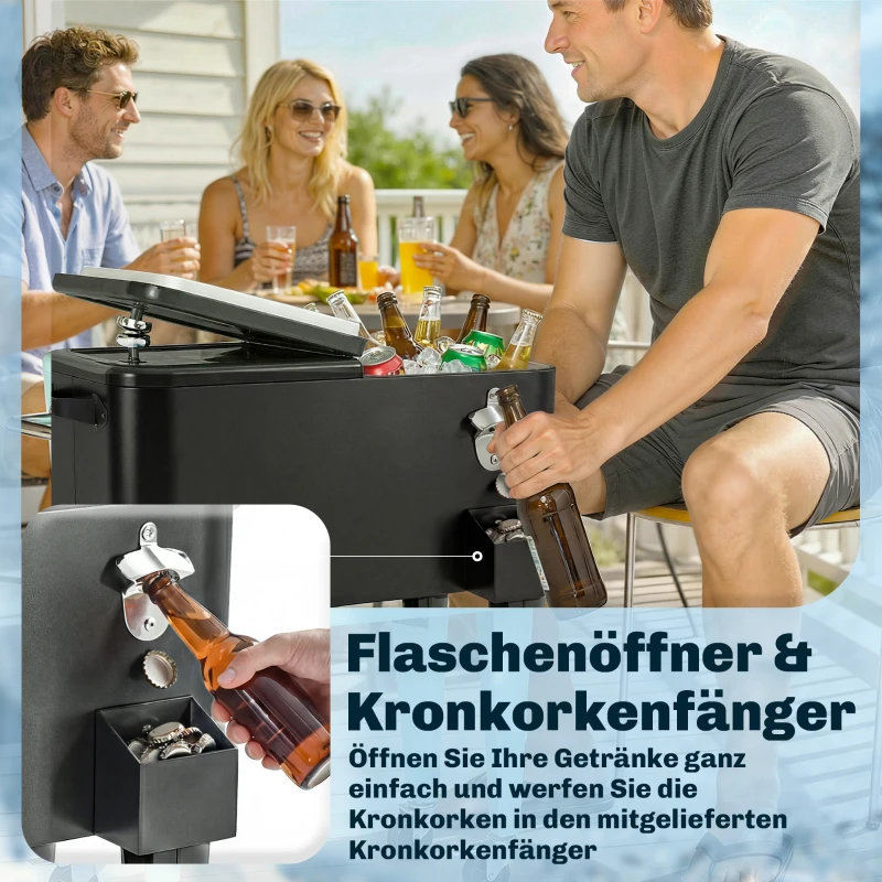Outsunny Koelwagen met opbergruimte, afvoer, wielen en zwart design