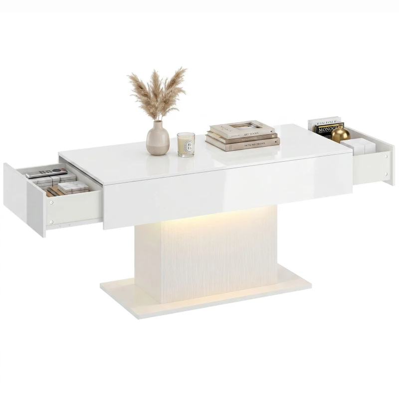 HOMCOM LED Salontafel met opbergruimte, hoogglans, modern, 2 lades & afstandsbediening, wit