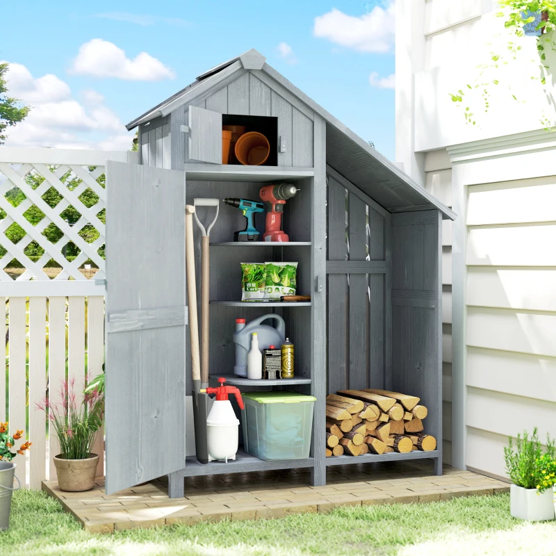 Outsunny Houten tuinkast outdoor weerbestendig met bitumendak en planken, 129 x 51,5 x 180 cm, grijs