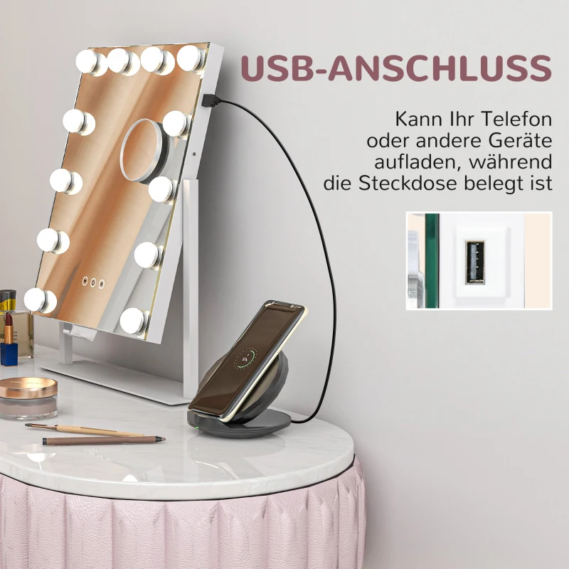 HOMCOM Led-cosmeticaspiegel, 3 lichtmodi, dimbaar, touchbediening, USB, 36,5 x 45,5 cm, wit