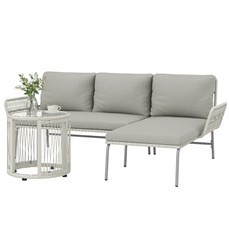 Outsunny Polyrattan tuinmeubelset 3-delig, loungeset met chaise longue tweezitsbank glazen tafel afneembare kussens