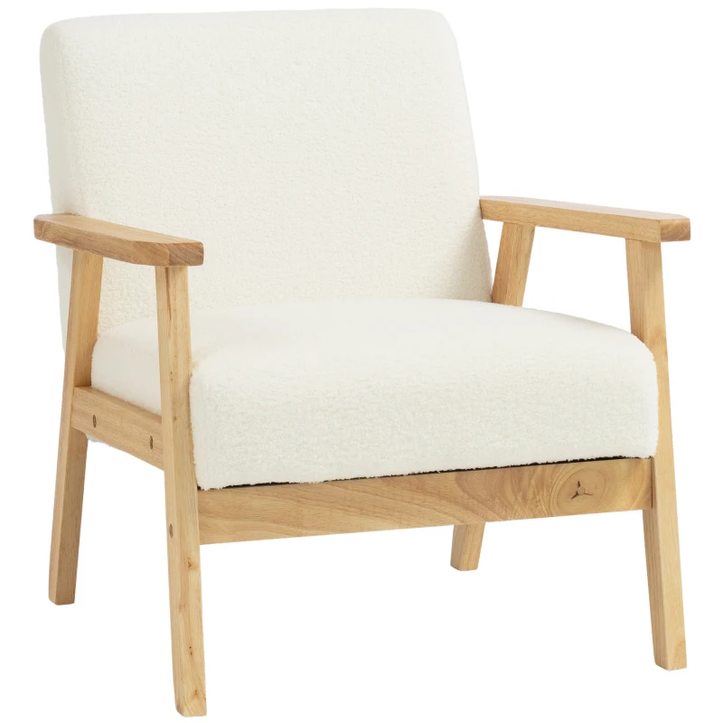 HOMCOM Modern Armchair, Sherpa Fleece Upholstered Accent Chair with Solid Wood Legs and Wide Seat, Cream White