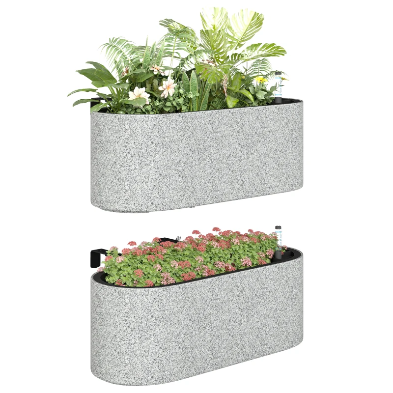 Outsunny 2-delige Set Hangende Bloempot Plantenbak met Afvoersysteem en Haken 42 x 16 x 15 cm Lichtgrijs