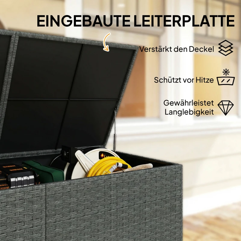 Outsunny Rattan Tuinbox 650L waterdicht UV-bestendig Kussenbox met Deksel Wielen Opbergruimte 150 x 75 x 74 cm Donkergrijs