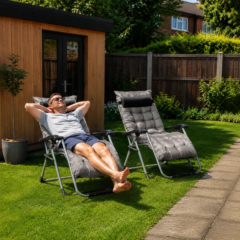 Outsunny 2pc Reclining Zero Gravity Sun Loungers ,Folding Chaise Lounge Chair with Cushions, Dark Grey