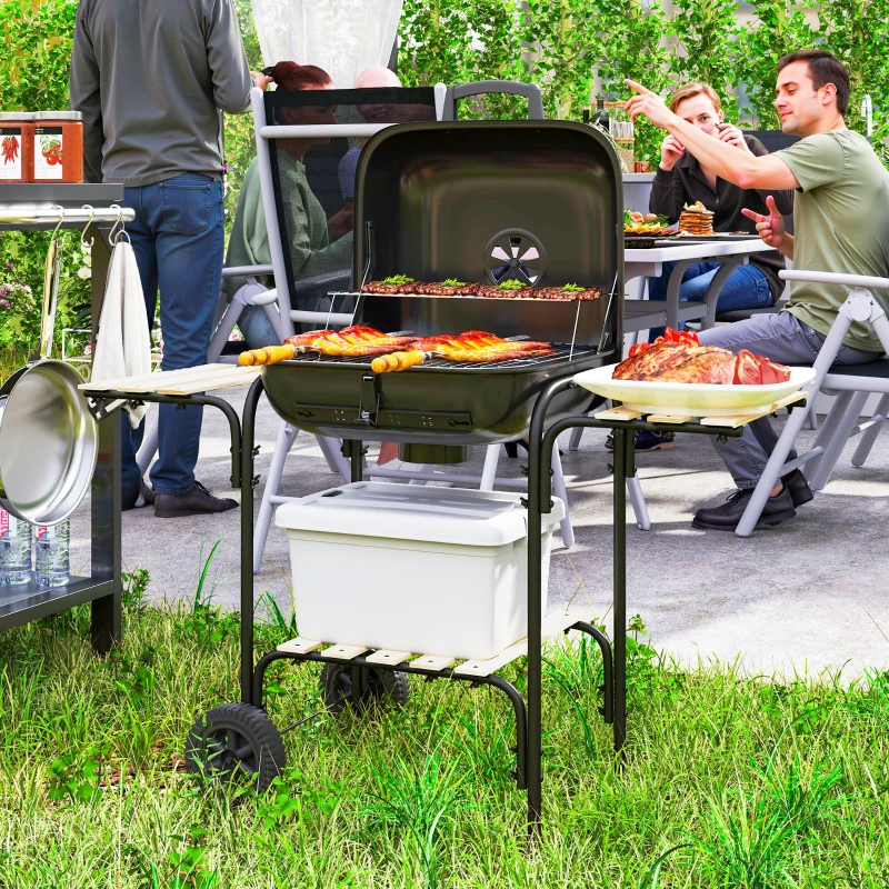 Outsunny Houtskoolbarbecue van staal, grillwagen met afsluitbare deksel, grillrooster, wielen, handgreep en houten plank, 98 x 54 x 91 cm, zwart