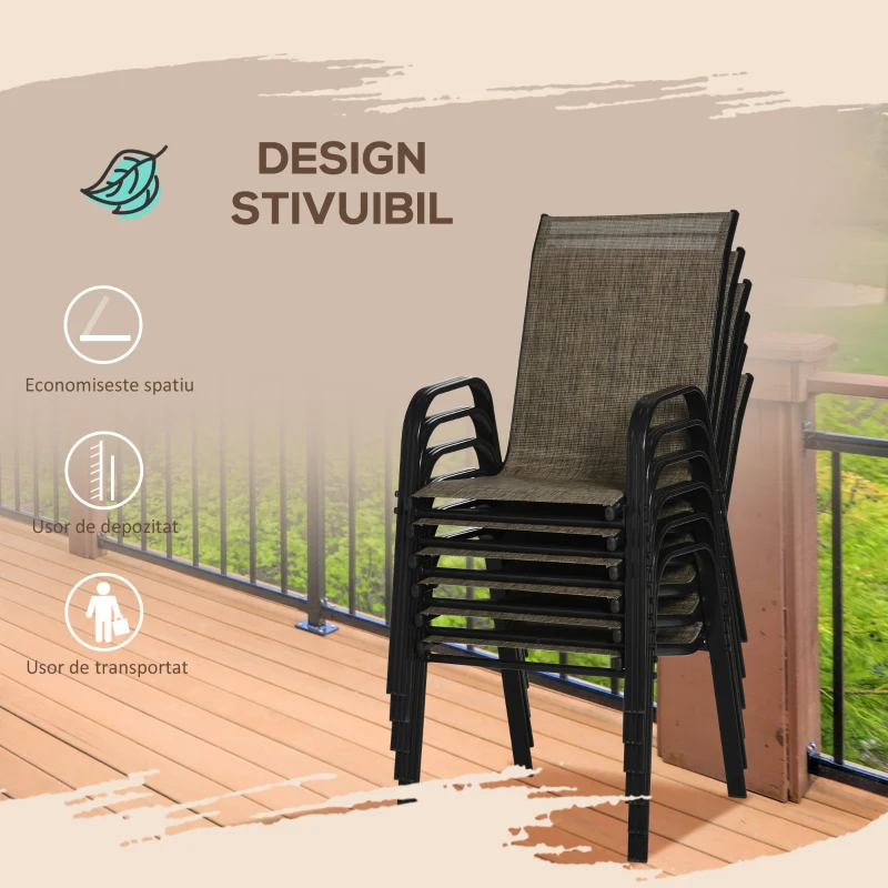 Outsunny Set 6 Piese Scaune de Gradina cu Cotiere, Scaune de Exterior Stivuibile din Metal si Tesatura Respirabila, Maro