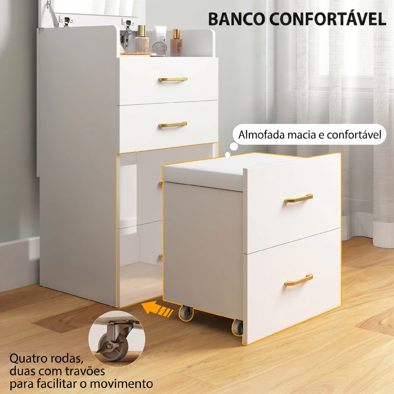 HOMCOM Toucador de Maquilhagem 3 em 1 com Banco Mesa de Maquilhagem com Espelho Gavetas e Bancada de Vidro Visível Toucador Moderno para Quarto 48x40x90 cm Branco