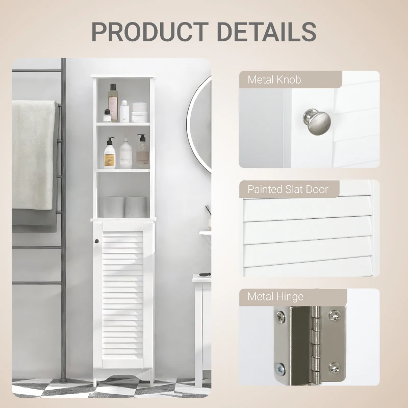 HOMCOM Tall Bathroom Cabinet, Freestanding Slim Bathroom Storage Unit with Adjustable Shelves and Shutter Door, Floor Storage Cupboard with 6 Shelves, 165H x 34W x 20D cm, White