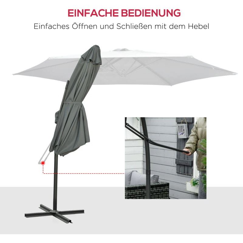 Outsunny Zweefparasol Ø293cm met zijhendel, kruisvoet, windbescherming, waterafstotend, donkergrijs