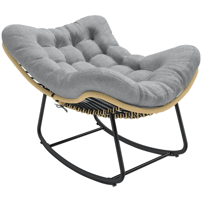 Outsunny Rattan Schommelstoel Tuinligstoel met dikke kussens, Tuinschommel tot 120 kg Binnen Buiten 87 x 110 x 70 cm Grijs