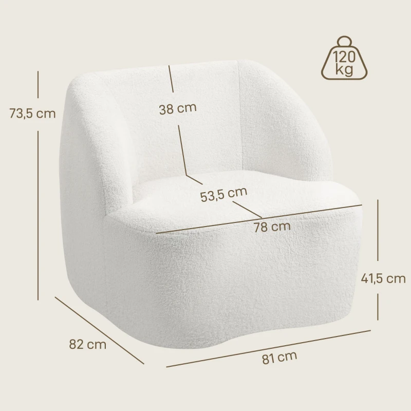 HOMCOM Moderne fauteuil met fleece-look bekleding, knusse stoel voor woonkamer, slaapkamer of thuiskantoor, crèmewit(m-3)