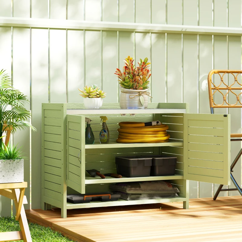 Outsunny Plantentafel met opbergkast van hout, buitenkast met verzinkt werkblad, 3 planken, 88x40x70,5 cm, groen