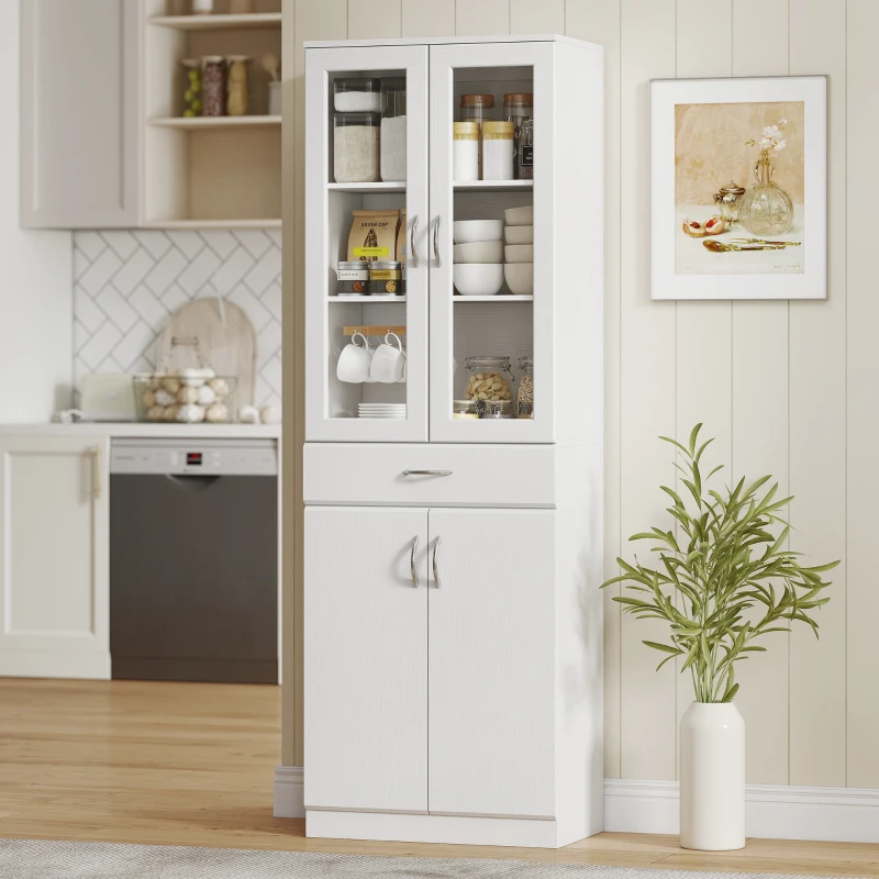 HOMCOM Küchenschrank Buffetschrank mit verstellbar Regal Schublade 2 Schrank Hochschrank mit Glastür 60 x 35 x 180 cm Weiß