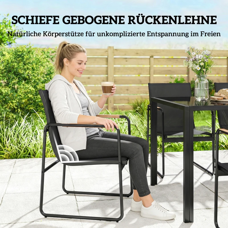 Outsunny Tuinmeubelset zitgroep 150 x 80 cm glazen tafel met 6 ademende stoelen decoratieve armleuningen zwart